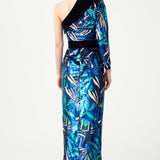 Flower Patterned Sequin Woven Lycra One Shouldered Gown With