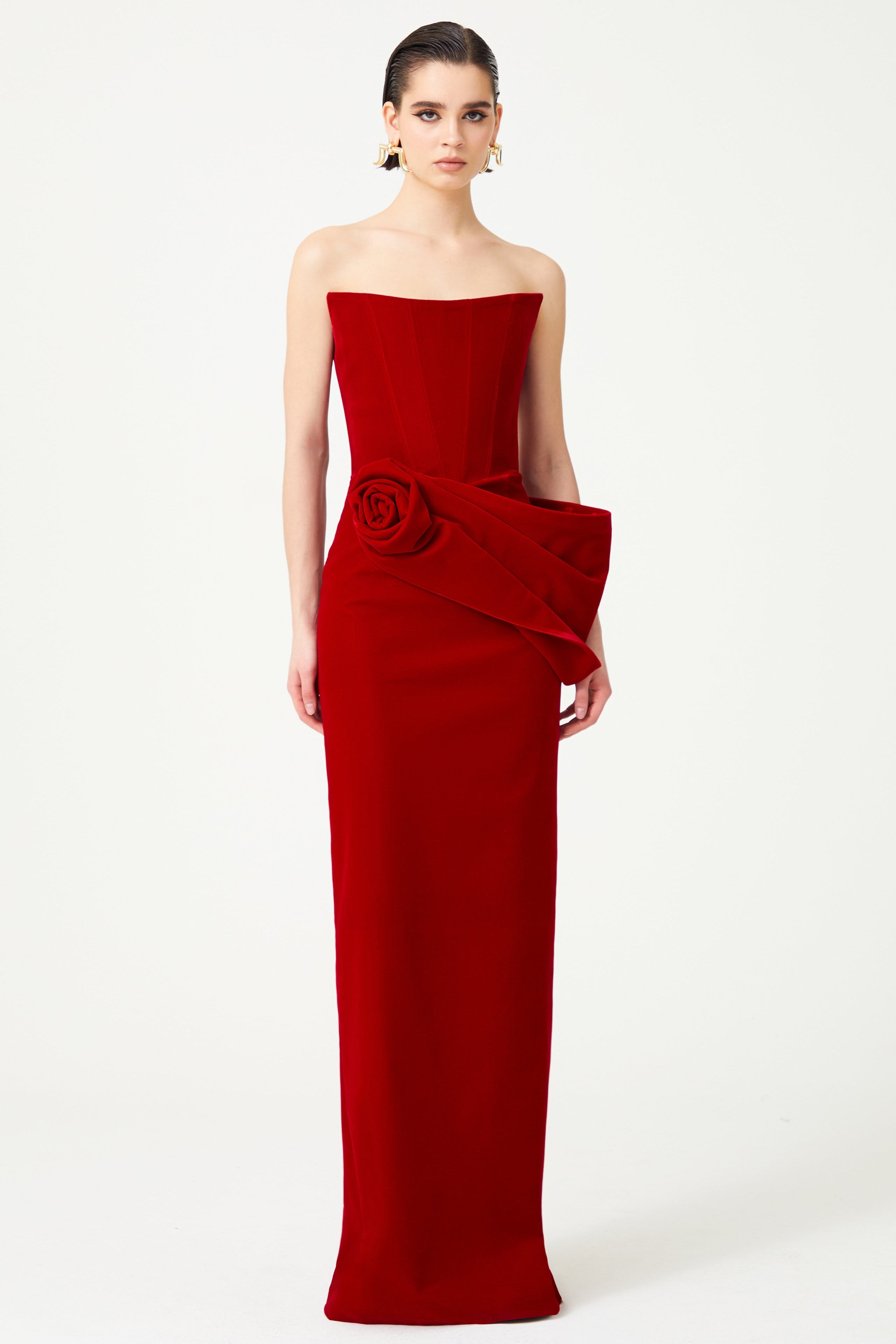 FW24-D-1018-Red-34 raisa_vanessa red-silk-velvet-maxi-dress-with-handmade-flower-detail