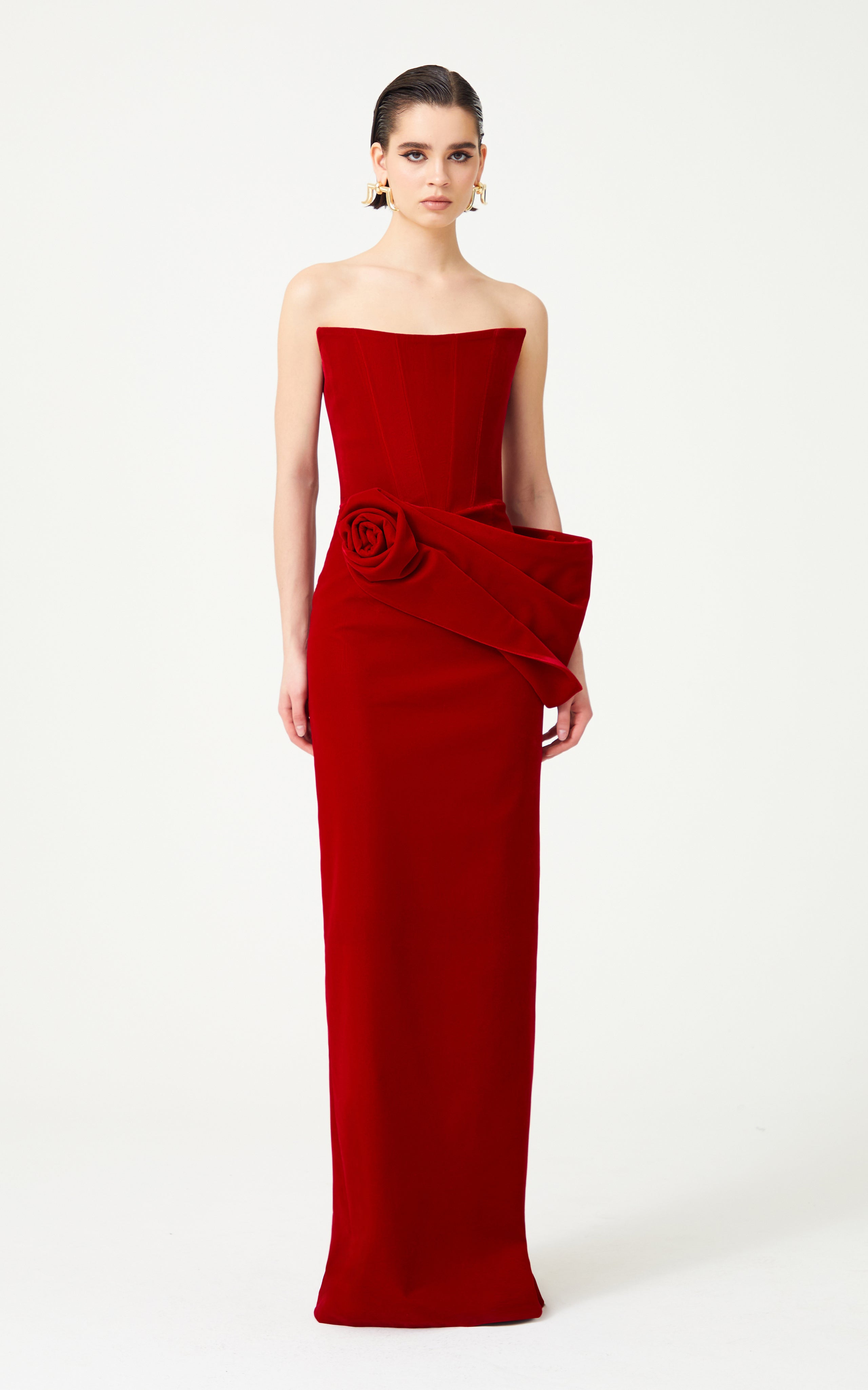 FW24-D-1018-Red-34 raisa_vanessa red-silk-velvet-maxi-dress-with-handmade-flower-detail