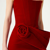 Red Silk Velvet Maxi Dress With Handmade Flower Detail