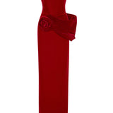 Red Silk Velvet Maxi Dress With Handmade Flower Detail