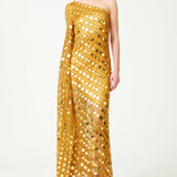 Gold Handmade Knitted Sequin Embroidered One Shoulder Gown