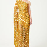 Gold Handmade Knitted Sequin Embroidered One Shoulder Gown