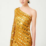 Gold Handmade Knitted Sequin Embroidered One Shoulder Gown