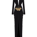 Black Stretchy Gold Flower Embroidered V-Neck Long Sleeved Maxi Dress