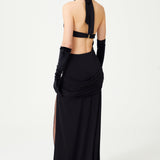 Black Stretchy Flower And Cutout Detailed Maxi Dress With Slit