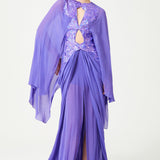 Lilac Sequin Embellished Flower Brouded Silk Chiffon Gown