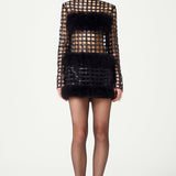 Chequered Black Pailetted Fur Mini Dress