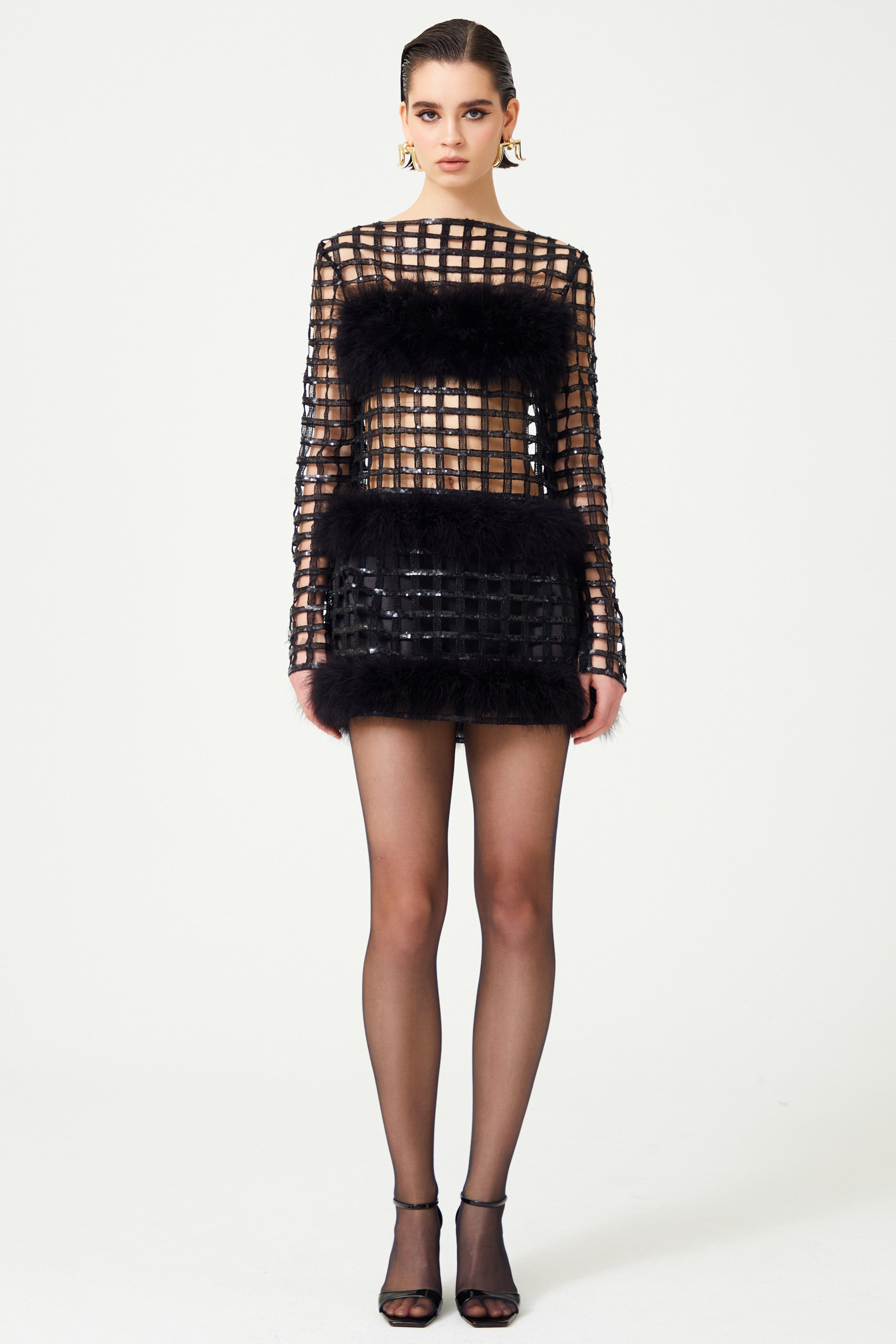 FW24-D-1025-Black-34 raisa_vanessa chequered-black-pailetted-fur-mini-dress