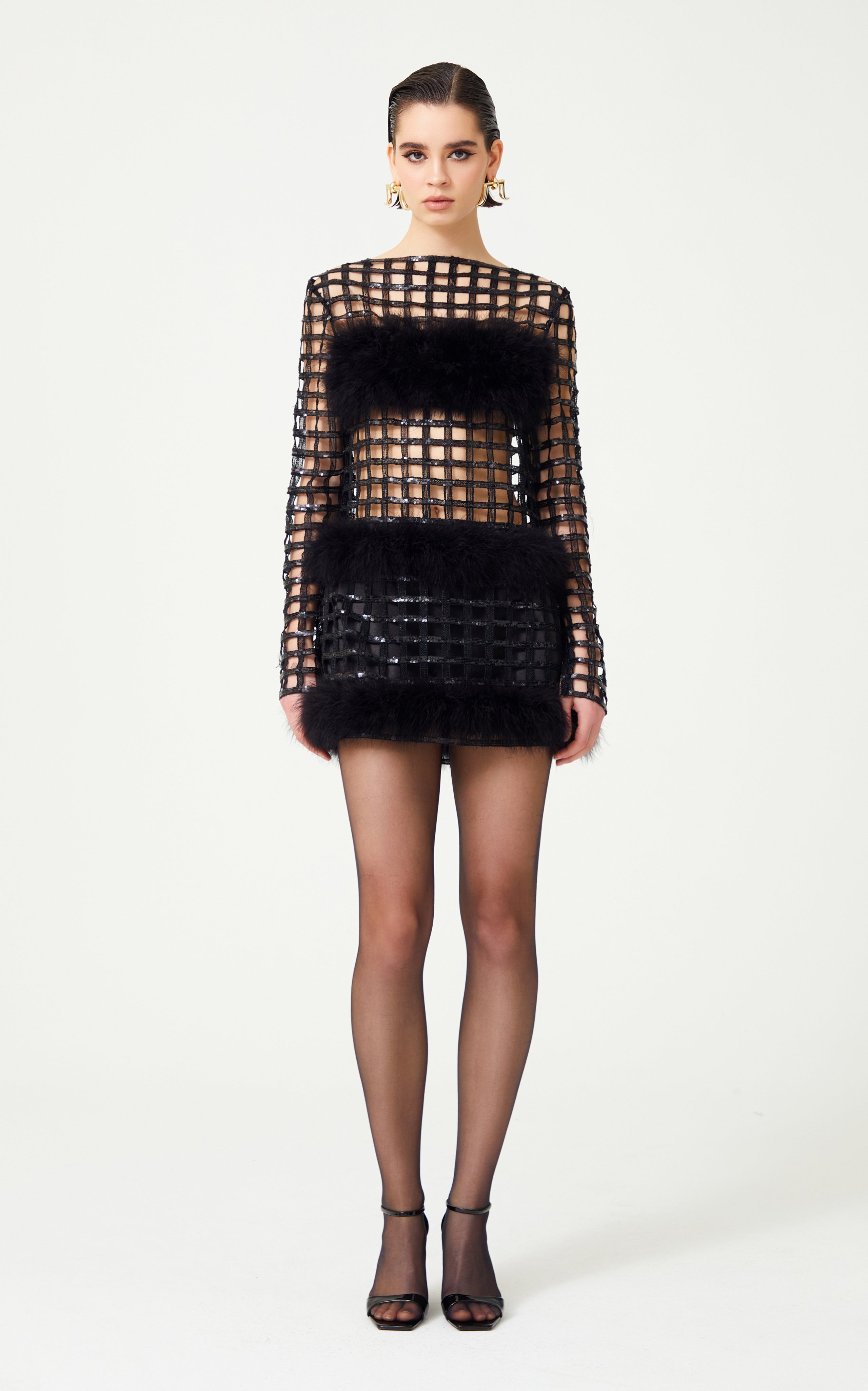 FW24-D-1025-Black-34 raisa_vanessa chequered-black-pailetted-fur-mini-dress