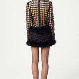 Chequered Black Pailetted Fur Mini Dress