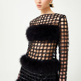 Chequered Black Pailetted Fur Mini Dress