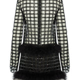 Chequered Black Pailetted Fur Mini Dress