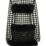 Chequered Black Pailetted Fur Mini Dress