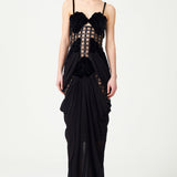 Laser Cut Black Corseted Maxi Dress With Flower Brouded Bra And Chiffon Skirt