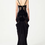 Laser Cut Black Corseted Maxi Dress With Flower Brouded Bra And Chiffon Skirt