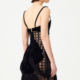 Laser Cut Black Corseted Maxi Dress With Flower Brouded Bra And Chiffon Skirt