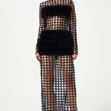 Chequered Black Pailletted Fur Maxi Dress