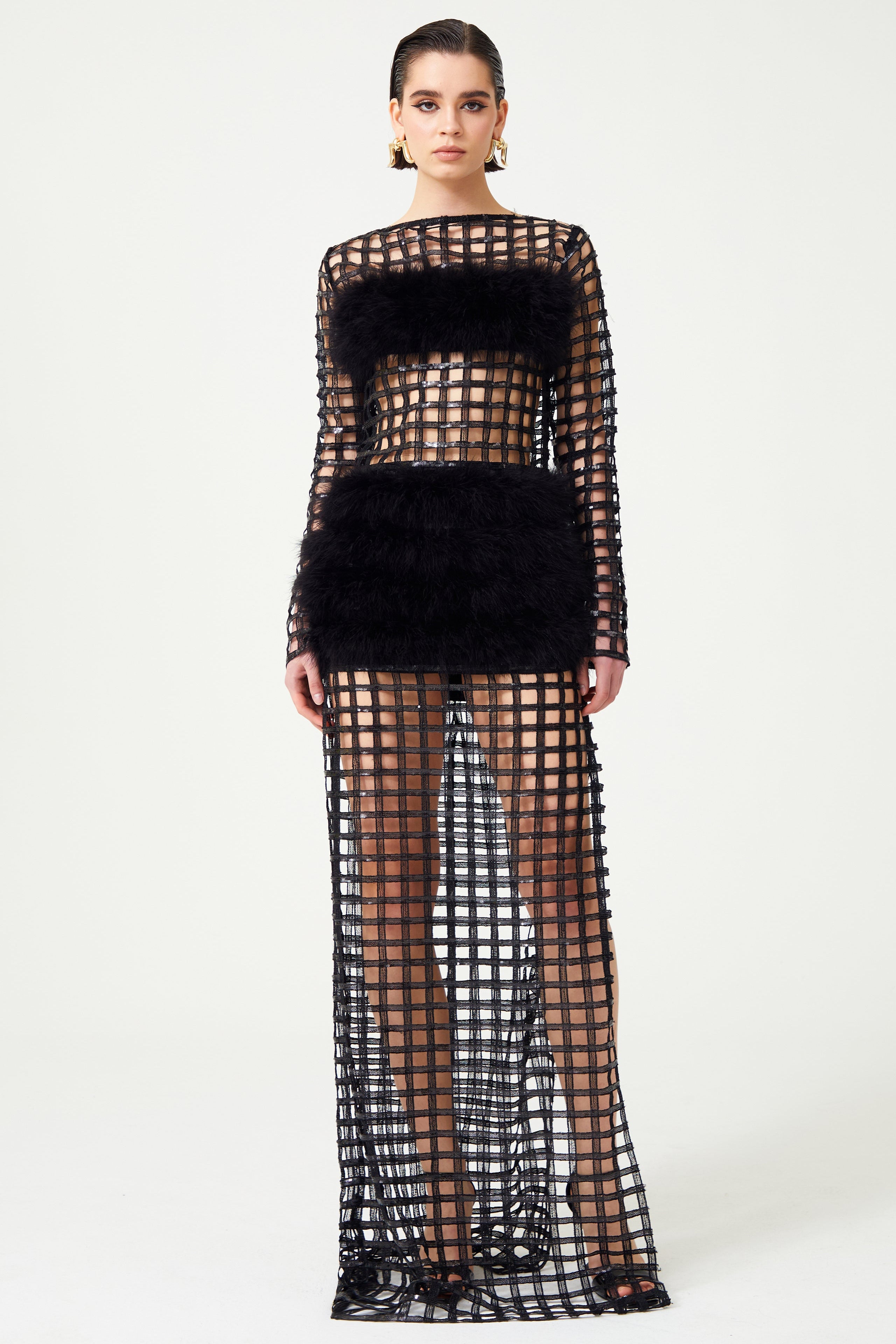 FW24-D-1027-Black-34 raisa_vanessa chequered-black-pailletted-fur-maxi-dress