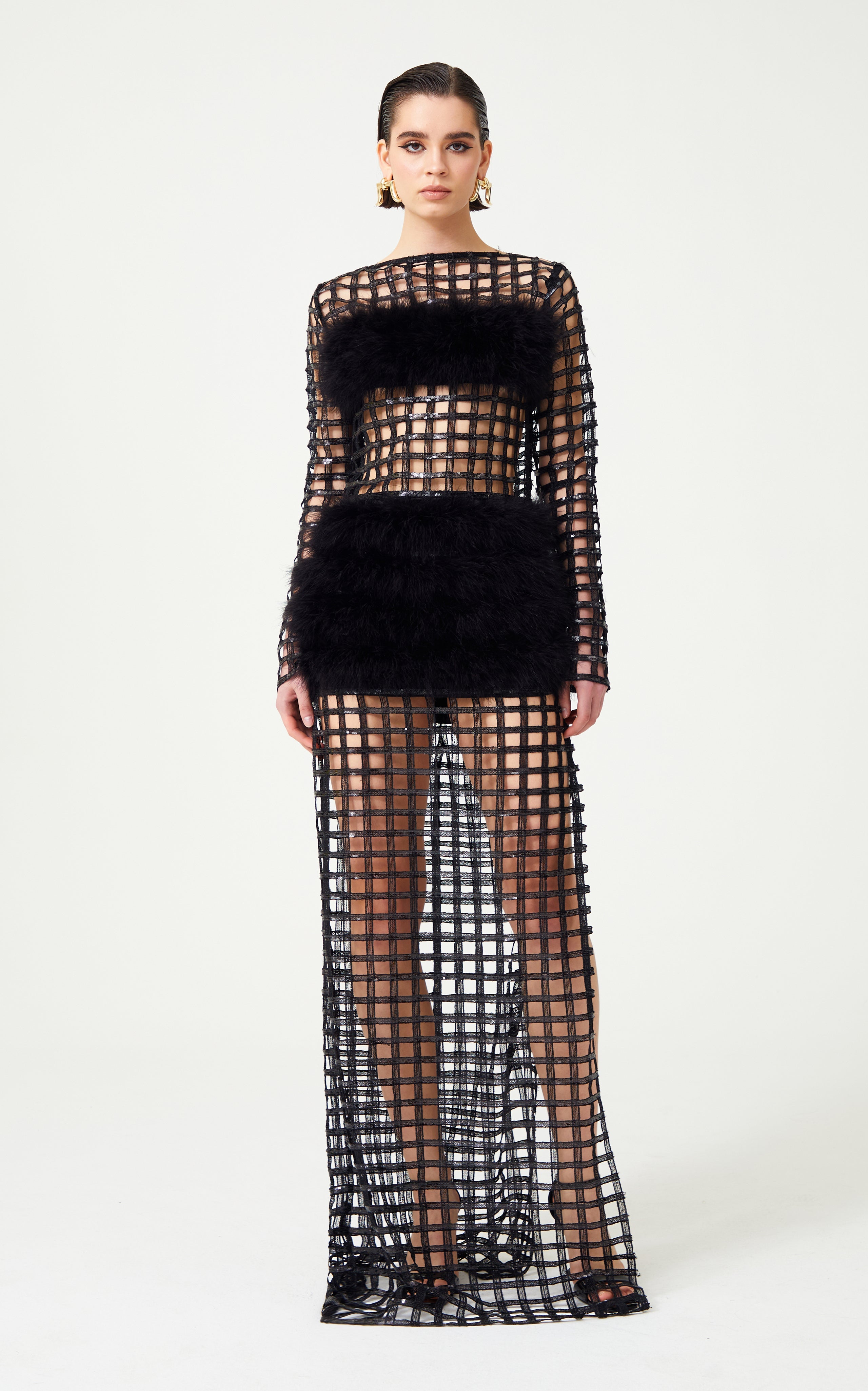 FW24-D-1027-Black-34 raisa_vanessa chequered-black-pailletted-fur-maxi-dress