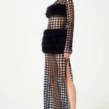 Chequered Black Pailletted Fur Maxi Dress