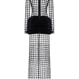 Chequered Black Pailletted Fur Maxi Dress