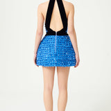 Indigo Blue Flower Embroidered Tulle Sculptural Mini Dress With Velvet Framing And Crystal Belt Detail