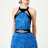 Indigo Blue Flower Embroidered Tulle Sculptural Mini Dress With Velvet Framing And Crystal Belt Detail