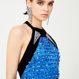 Indigo Blue Flower Embroidered Tulle Sculptural Mini Dress With Velvet Framing And Crystal Belt Detail