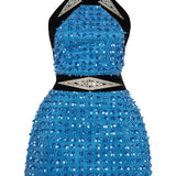 Indigo Blue Flower Embroidered Tulle Sculptural Mini Dress With Velvet Framing And Crystal Belt Detail