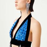 Indigo Blue Flower Embroidered Tulle Dress With Velvet Framing And Crystal Detailed Cut Out Waist