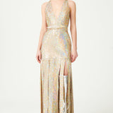 Nacreous Sequin Embroidered Silk V-Neck Gown With Crystal Belt And Fringed Skirt