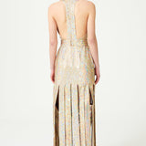 Nacreous Sequin Embroidered Silk V-Neck Gown With Crystal Belt And Fringed Skirt