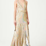 Nacreous Sequin Embroidered Silk V-Neck Gown With Crystal Belt And Fringed Skirt