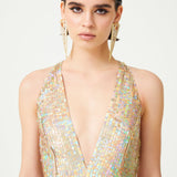 Nacreous Sequin Embroidered Silk V-Neck Gown With Crystal Belt And Fringed Skirt