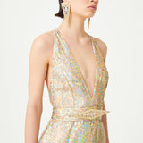 Nacreous Sequin Embroidered Silk V-Neck Gown With Crystal Belt And Fringed Skirt