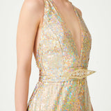 Nacreous Sequin Embroidered Silk V-Neck Gown With Crystal Belt And Fringed Skirt