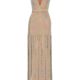 Nacreous Sequin Embroidered Silk V-Neck Gown With Crystal Belt And Fringed Skirt