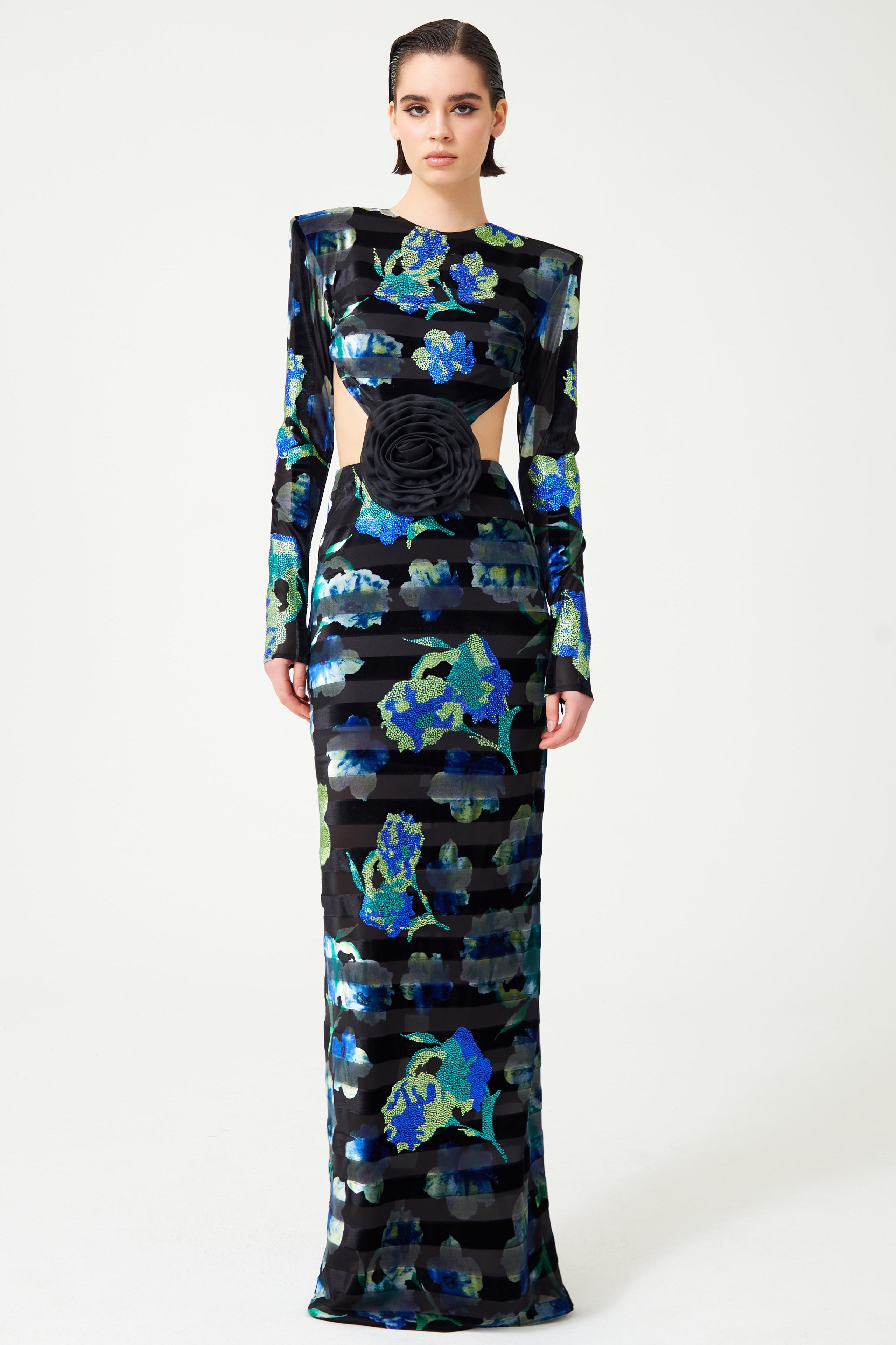 FW24-D-1031-Printed Blue-34 raisa_vanessa stretchy-velvet-flower-patterned-stone-printed-cut-out-detailed-black-gown-with-organza-black-flower-detail