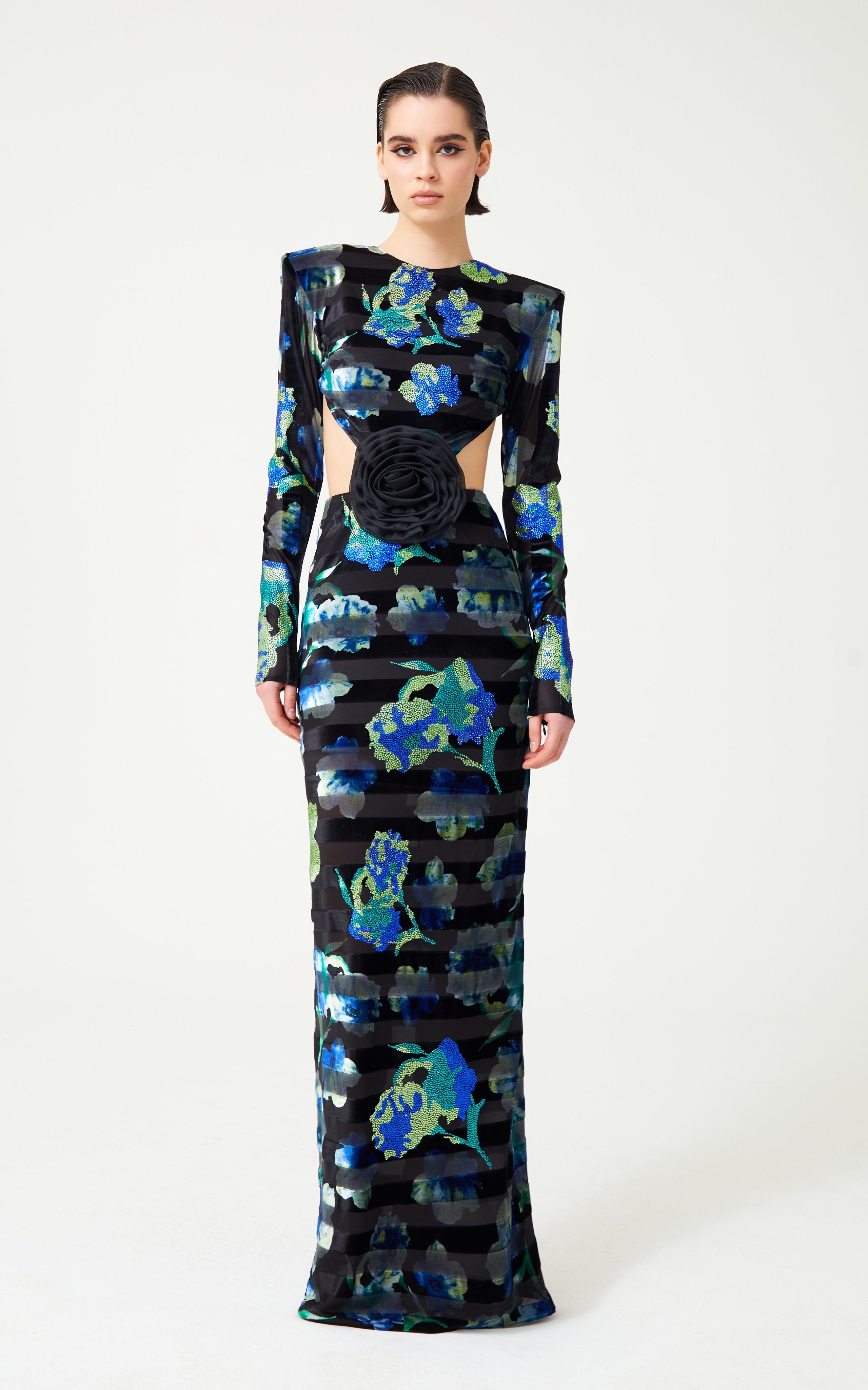 FW24-D-1031-Printed Blue-34 raisa_vanessa stretchy-velvet-flower-patterned-stone-printed-cut-out-detailed-black-gown-with-organza-black-flower-detail