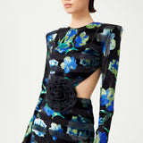 Stretchy Velvet Flower Patterned Stone Printed Cut Out Detailed Black Gown With Organza Black Flower Detail