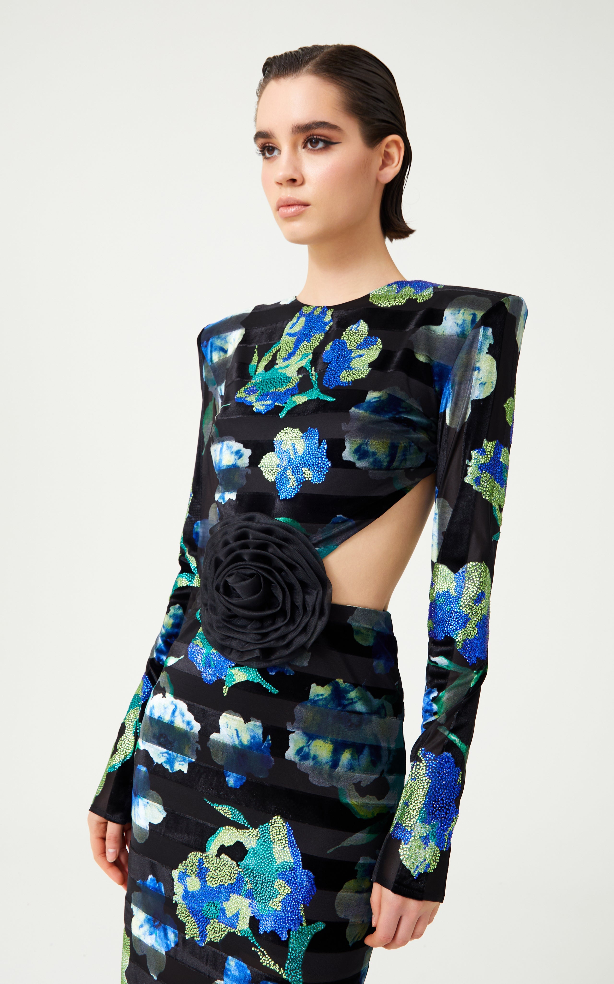 FW24-D-1031-Printed Blue-40 raisa_vanessa stretchy-velvet-flower-patterned-stone-printed-cut-out-detailed-black-gown-with-organza-black-flower-detail