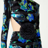 Stretchy Velvet Flower Patterned Stone Printed Cut Out Detailed Black Gown With Organza Black Flower Detail