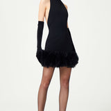 Black Halter Neck Knit Organza Mini Dress With Puffy Flower Finishing