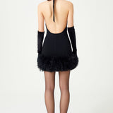 Black Halter Neck Knit Organza Mini Dress With Puffy Flower Finishing