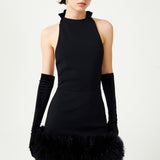 Black Halter Neck Knit Organza Mini Dress With Puffy Flower Finishing