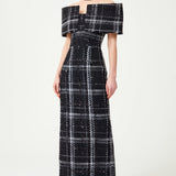 Black & White Plaid Sequin Embellished Tweed Royal Neckline Maxi Dress