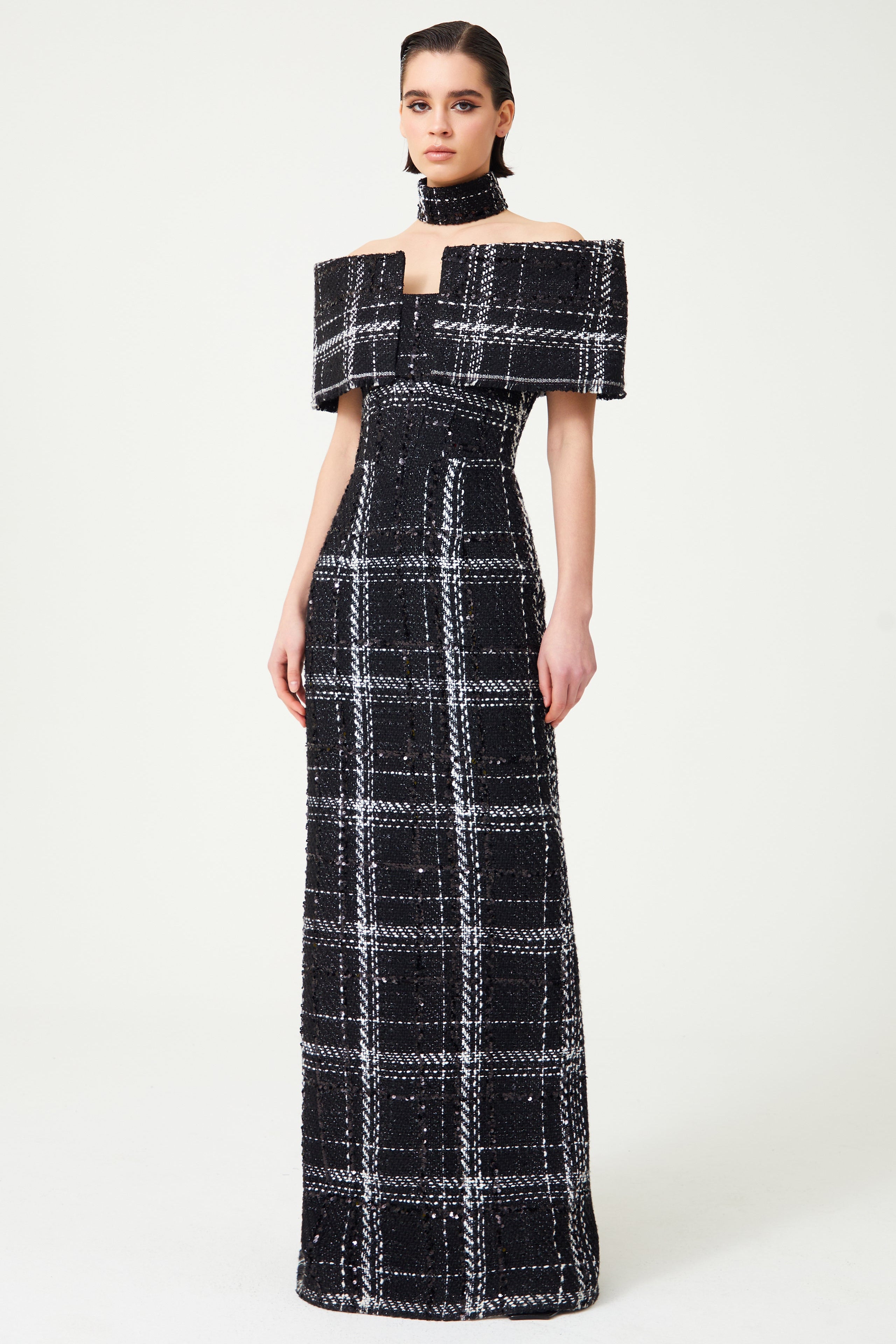 FW24-D-1034-Black-34 raisa_vanessa black-white-plaid-sequin-embellished-tweed-royal-neckline-maxi-dress
