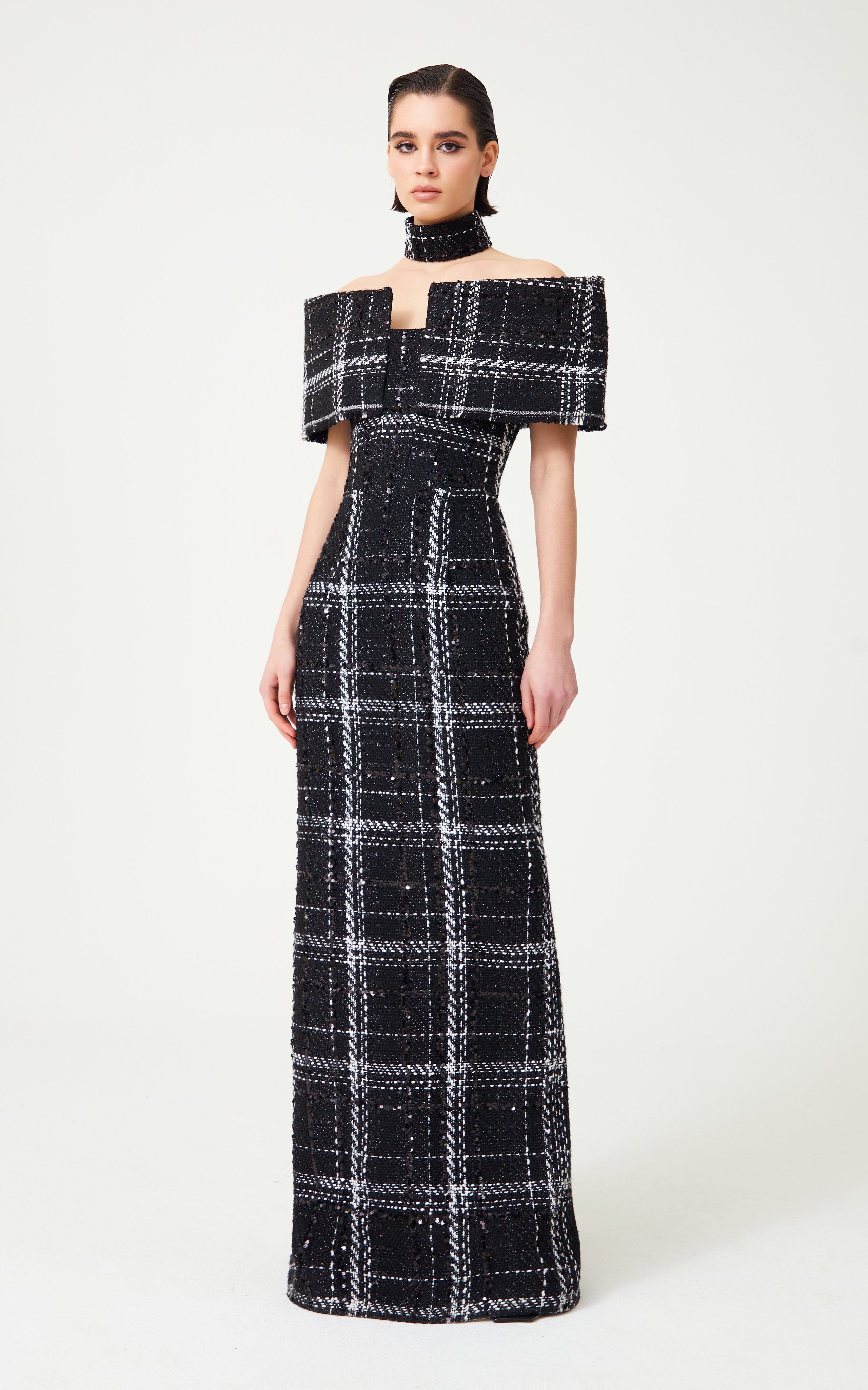FW24-D-1034-Black-34 raisa_vanessa black-white-plaid-sequin-embellished-tweed-royal-neckline-maxi-dress