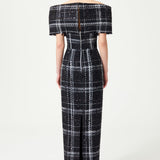 Black & White Plaid Sequin Embellished Tweed Royal Neckline Maxi Dress